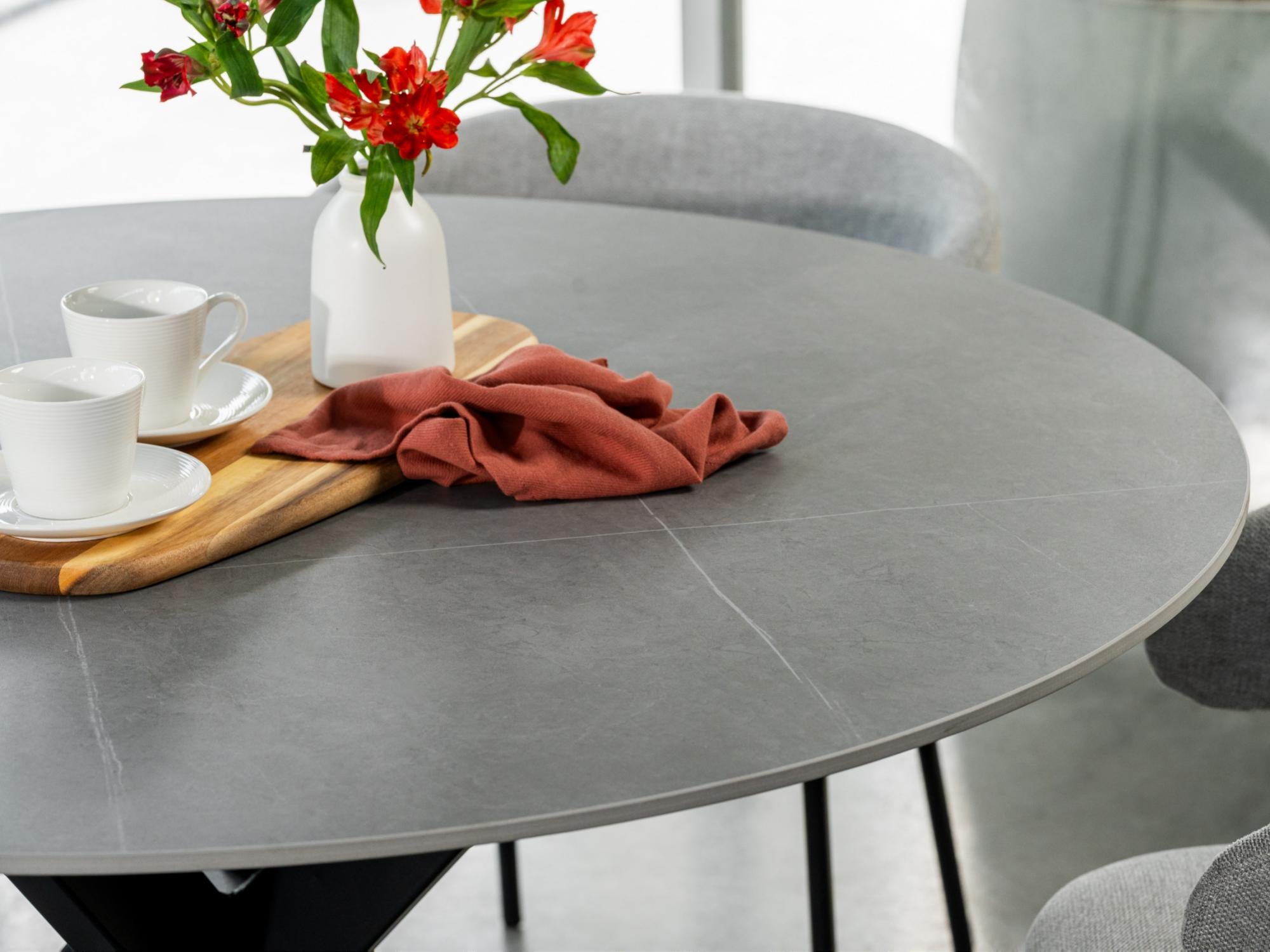 Venice Round Dining Table – Bulgarian Grey Marble Effect | Black Frame