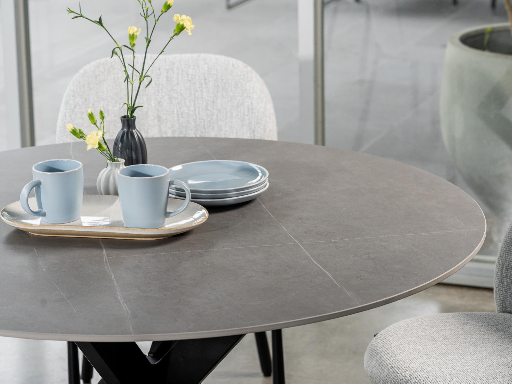 Venice Round Dining Table – Bulgarian Grey Marble Effect | Black Frame