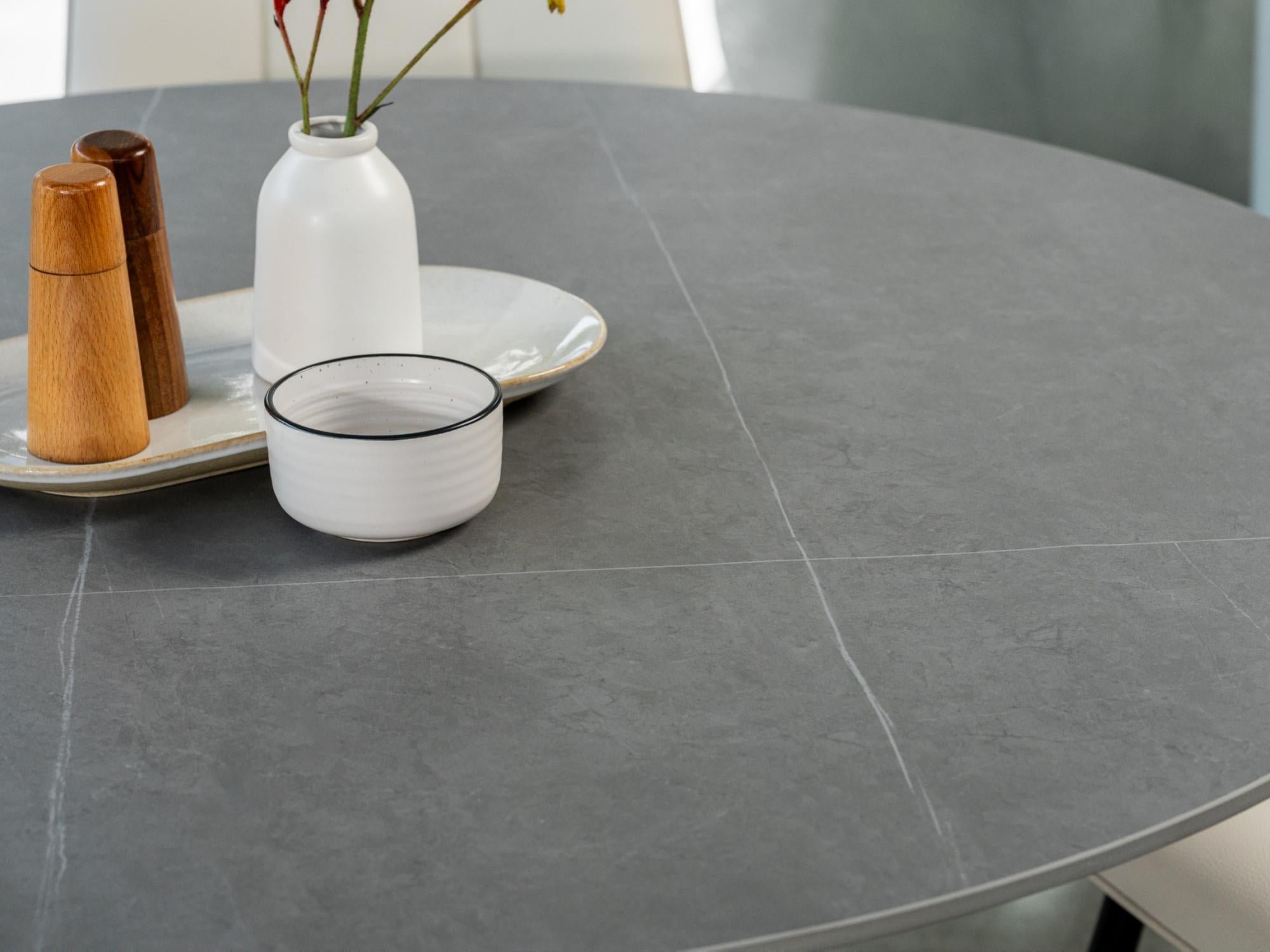 Venice Round Dining Table – Bulgarian Grey Marble Effect | Black Frame