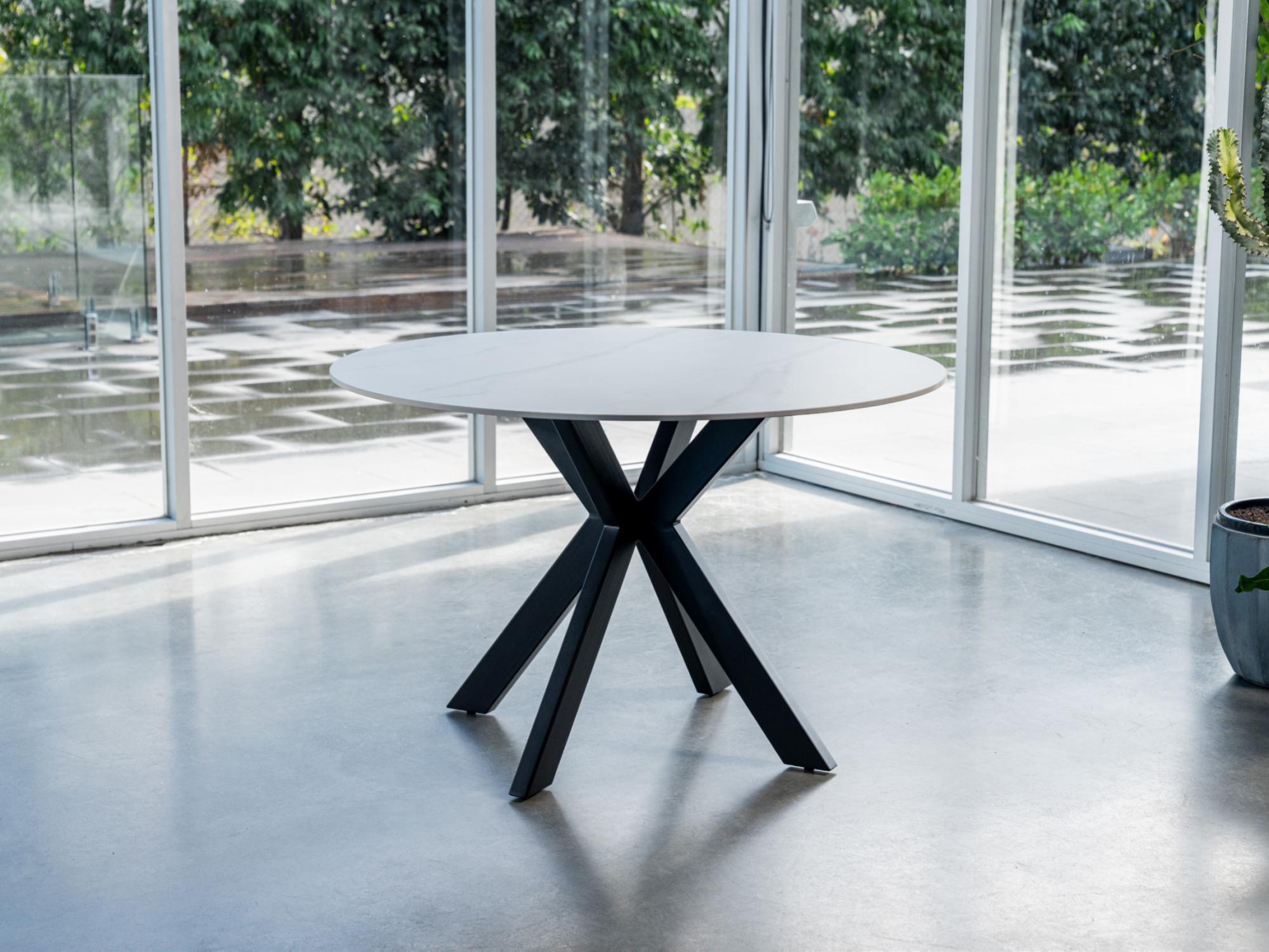 Venice Round Dining Table – Snow White Marble Effect | Black Frame