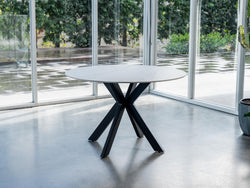 Venice Round Dining Table – Snow White Marble Effect | Black Frame