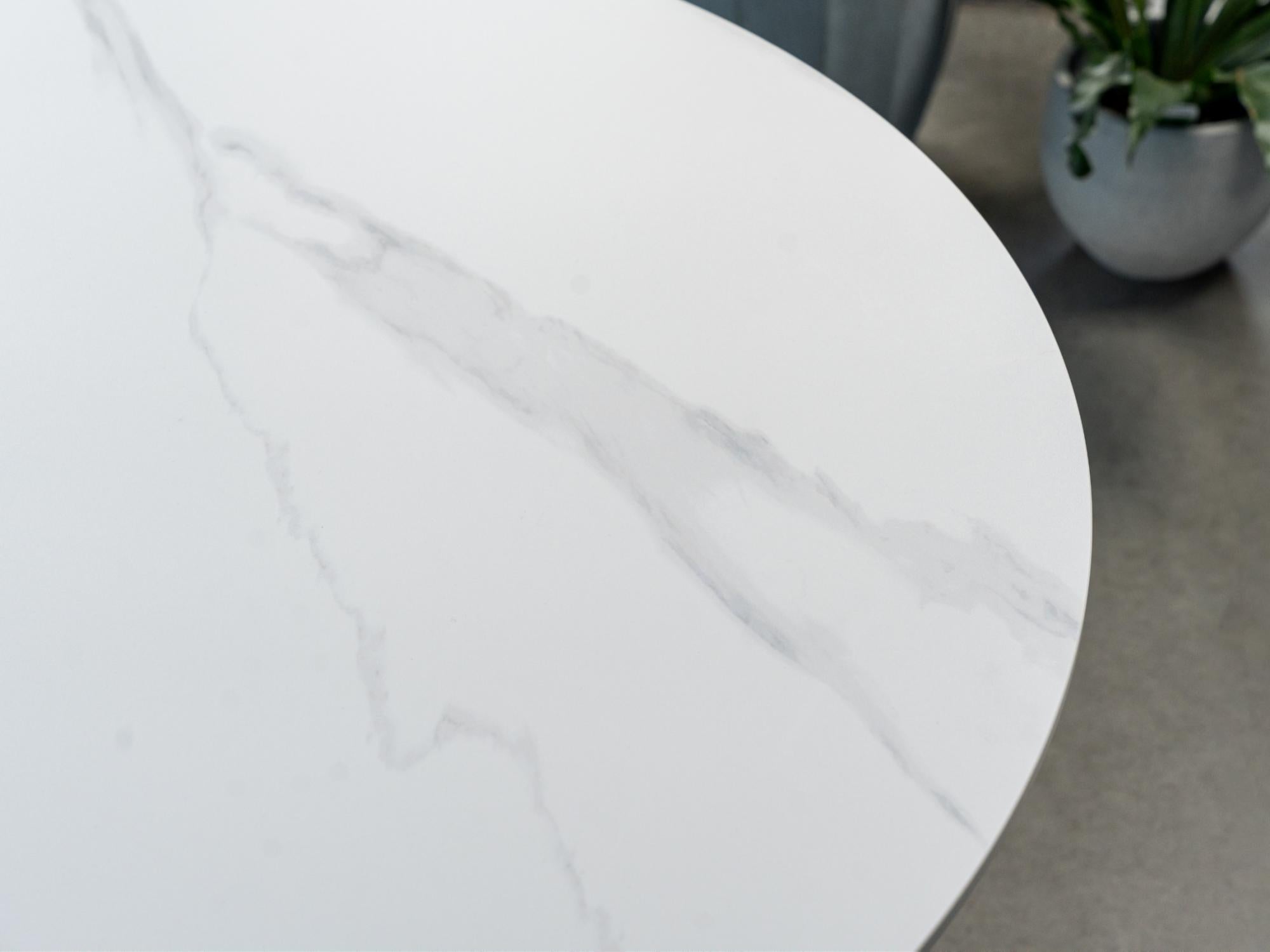 Venice Round Dining Table – Snow White Marble Effect | Black Frame