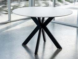 Venice Round Dining Table – Snow White Marble Effect | Black Frame