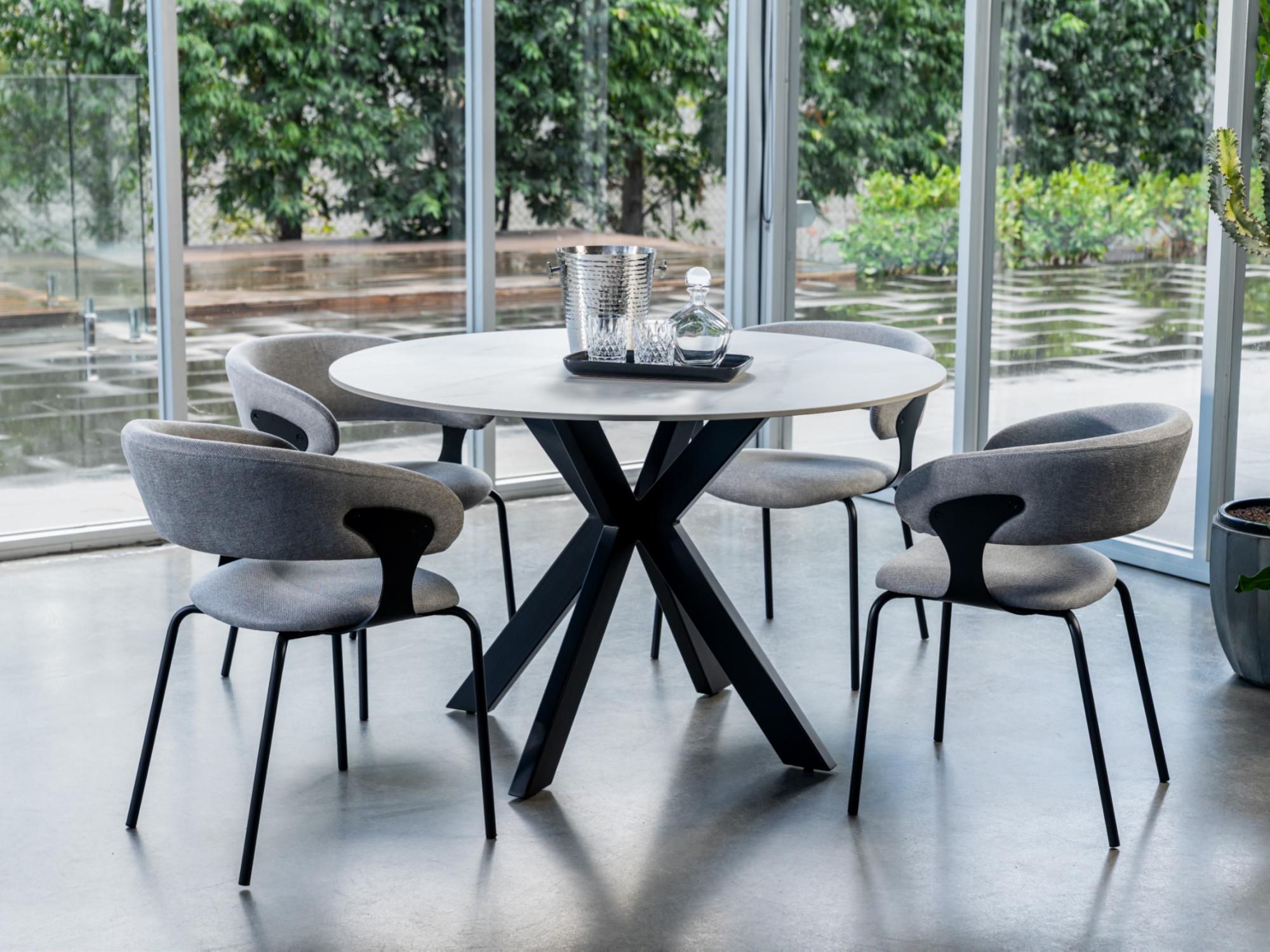 Venice Round Dining Table – Snow White Marble Effect | Black Frame