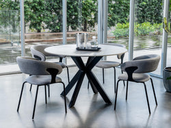 Venice Round Dining Table – Snow White Marble Effect | Black Frame