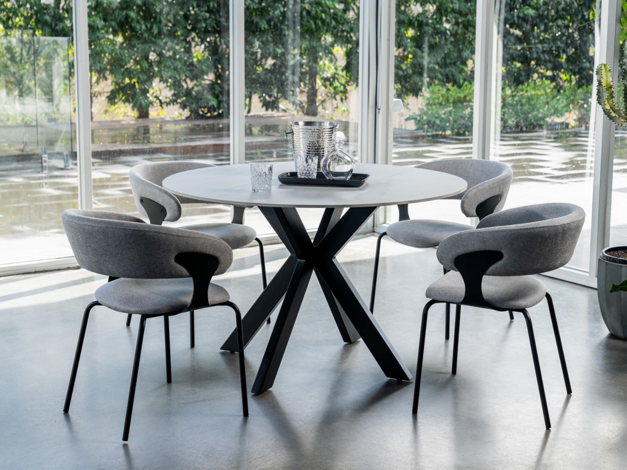 Venice Round Dining Table – Snow White Marble Effect | Black Frame