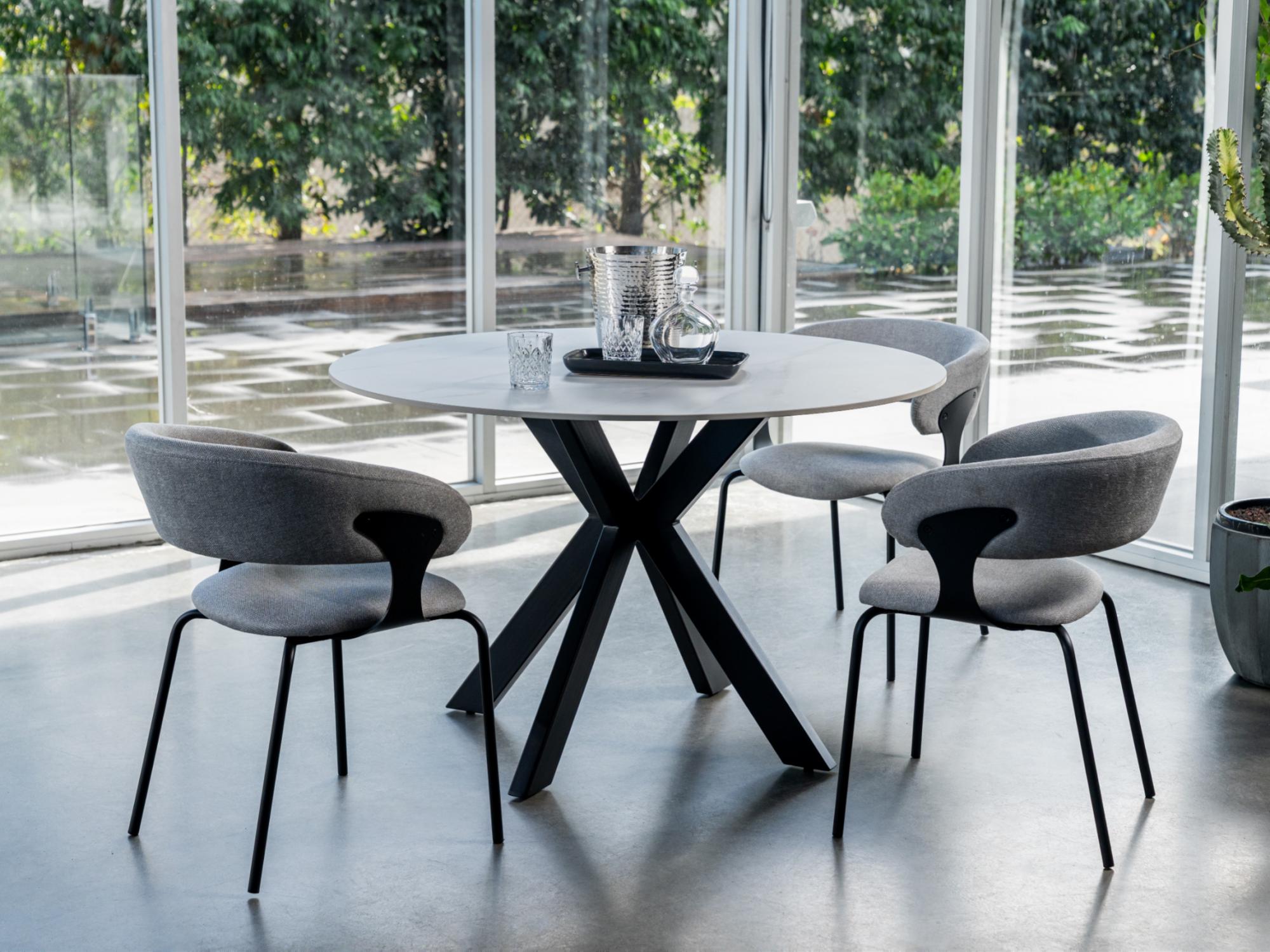 Venice Round Dining Table – Snow White Marble Effect | Black Frame