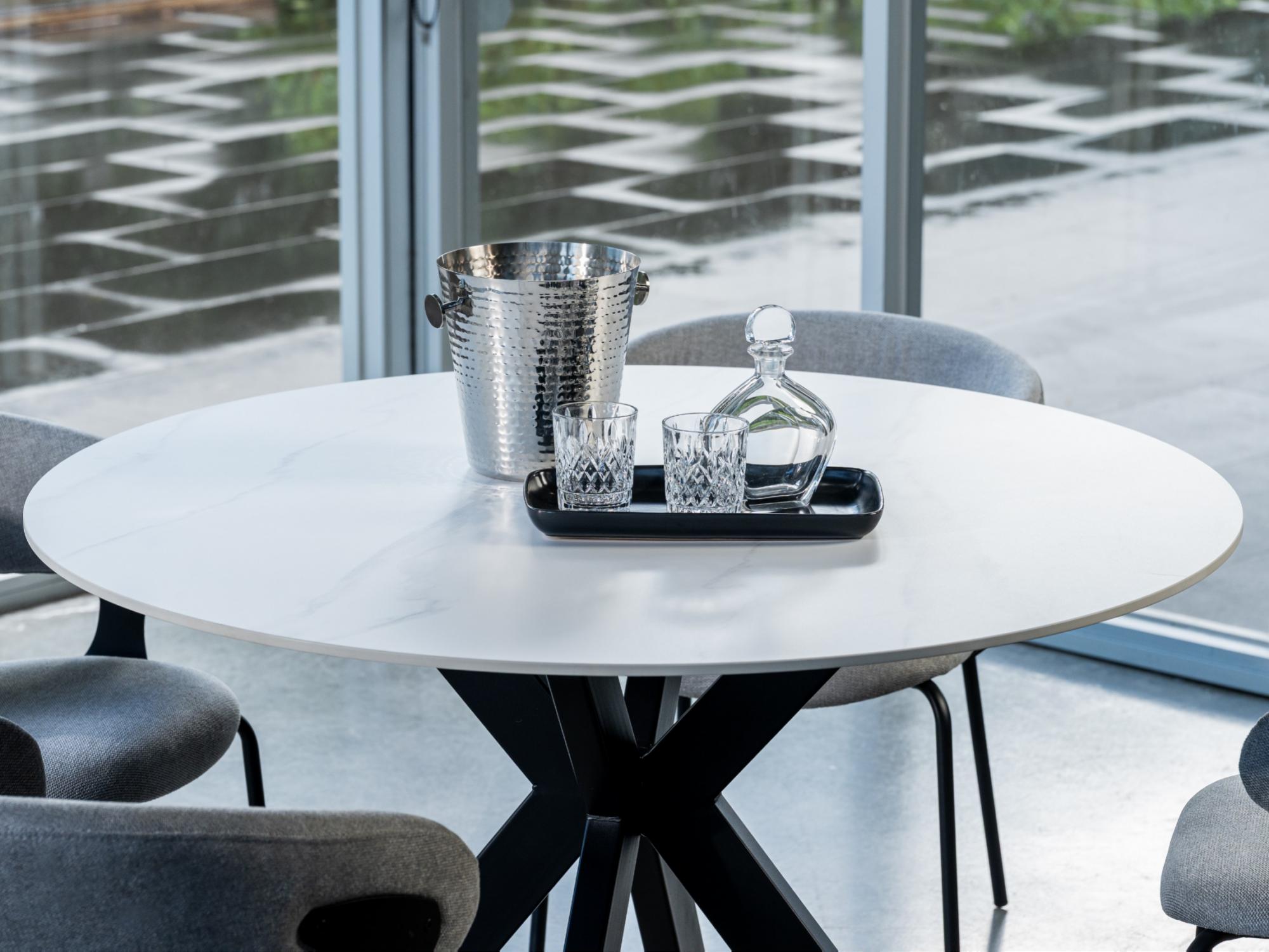 Venice Round Dining Table – Snow White Marble Effect | Black Frame