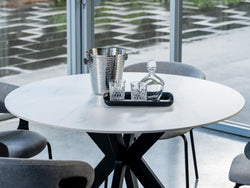 Venice Round Dining Table – Snow White Marble Effect | Black Frame