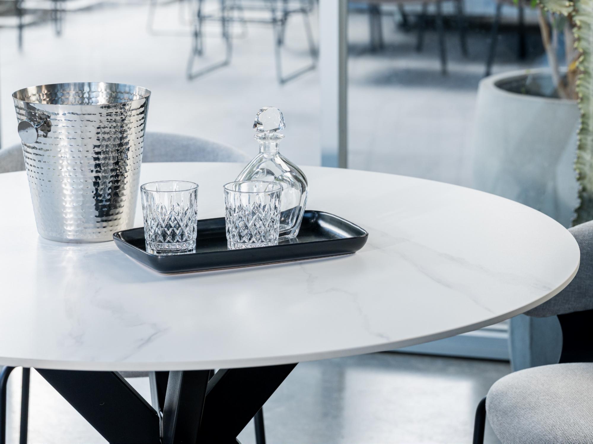 Venice Round Dining Table – Snow White Marble Effect | Black Frame