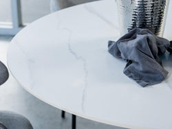 Venice Round Dining Table – Snow White Marble Effect | Black Frame