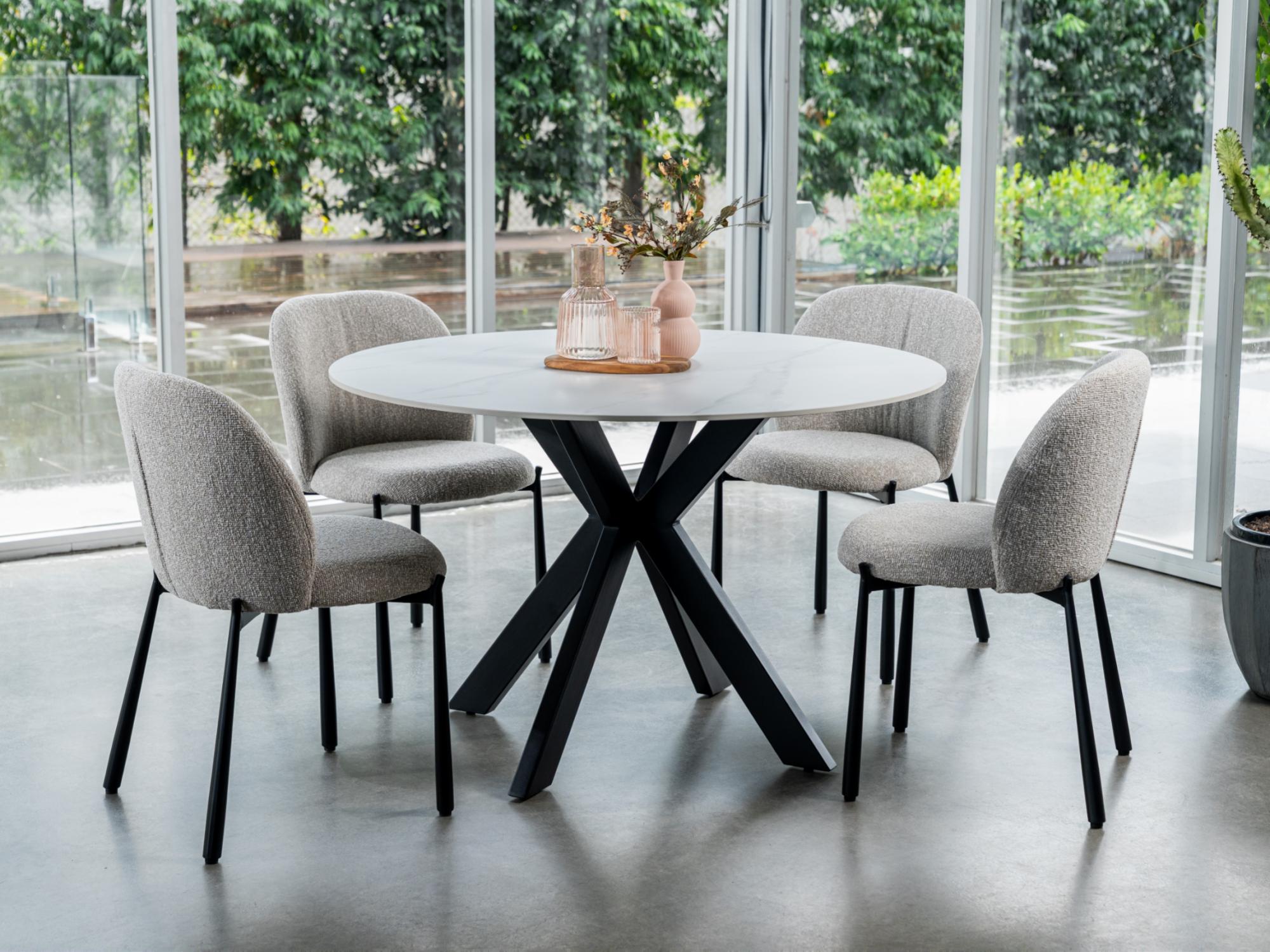 Venice Round Dining Table – Snow White Marble Effect | Black Frame