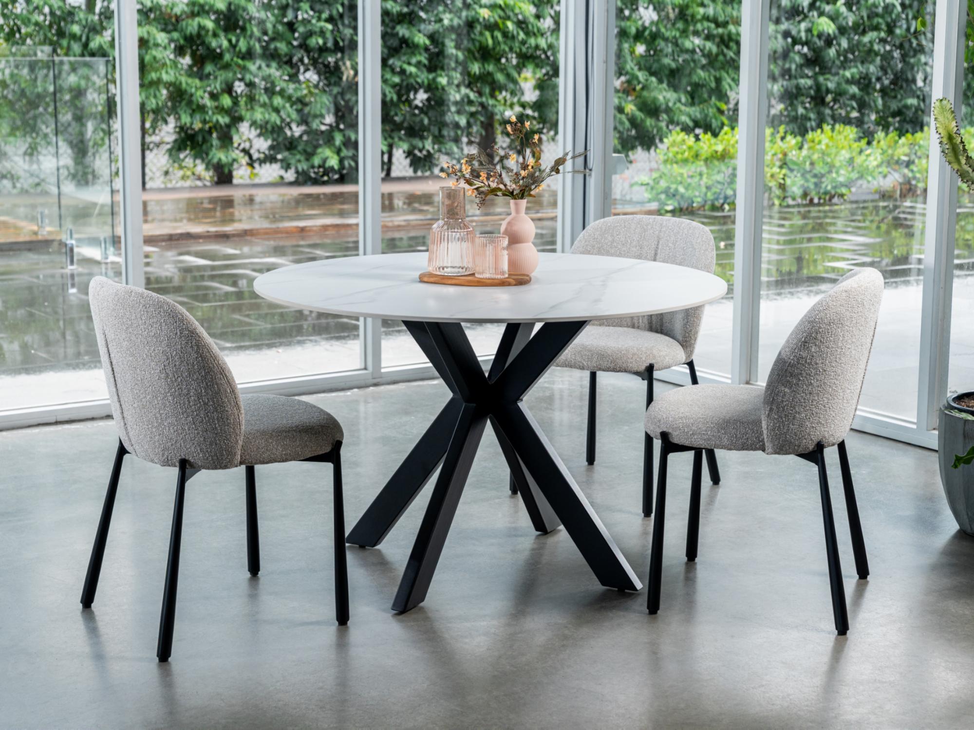 Venice Round Dining Table – Snow White Marble Effect | Black Frame