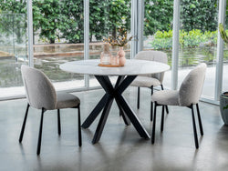 Venice Round Dining Table – Snow White Marble Effect | Black Frame