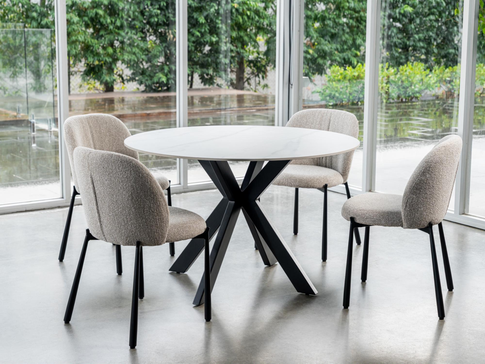 Venice Round Dining Table – Snow White Marble Effect | Black Frame