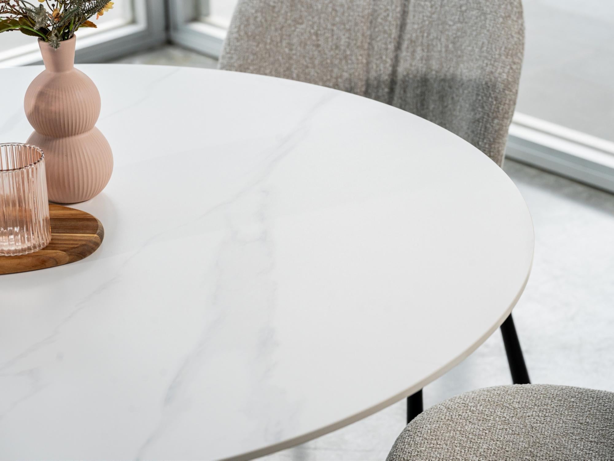 Venice Round Dining Table – Snow White Marble Effect | Black Frame