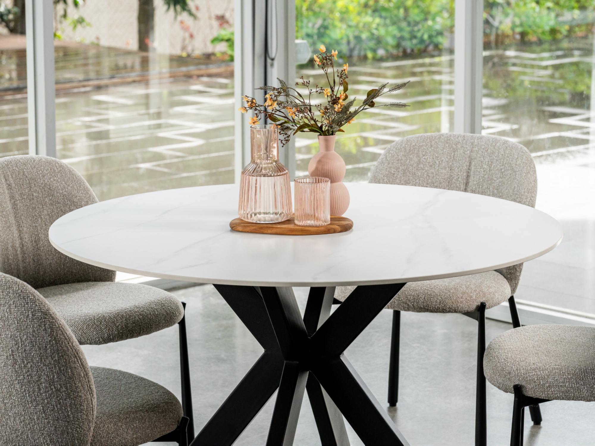 Venice Round Dining Table – Snow White Marble Effect | Black Frame