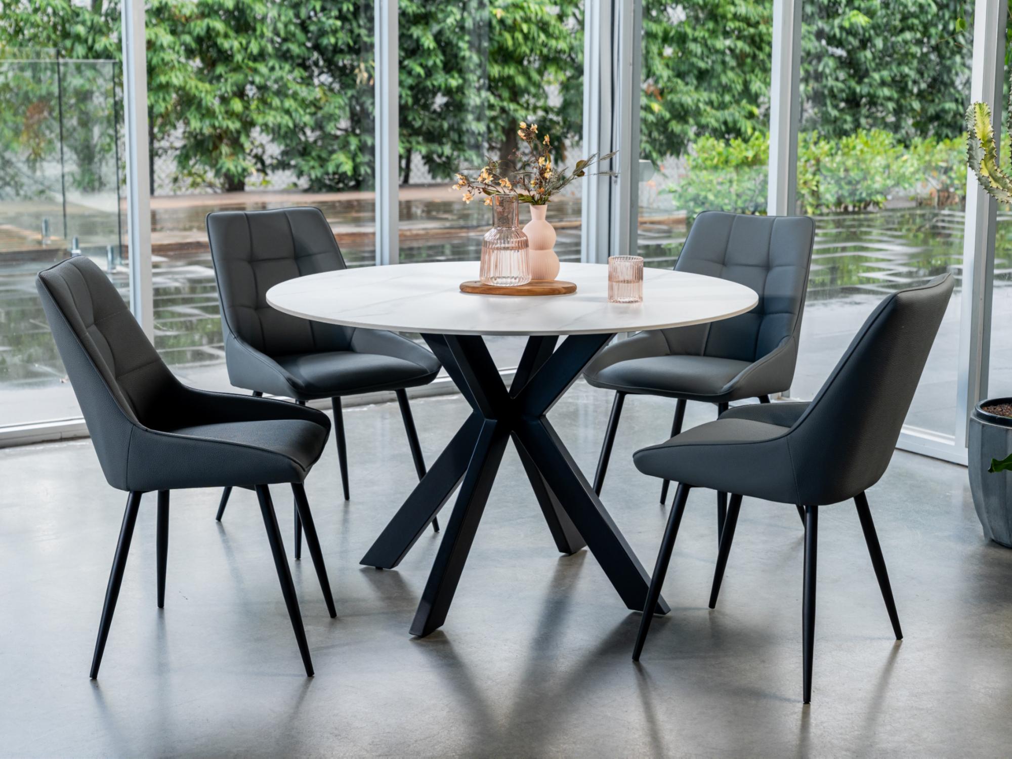 Venice Round Dining Table – Snow White Marble Effect | Black Frame