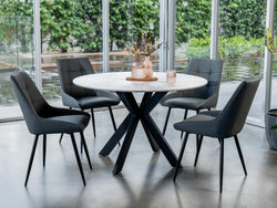 Venice Round Dining Table – Snow White Marble Effect | Black Frame