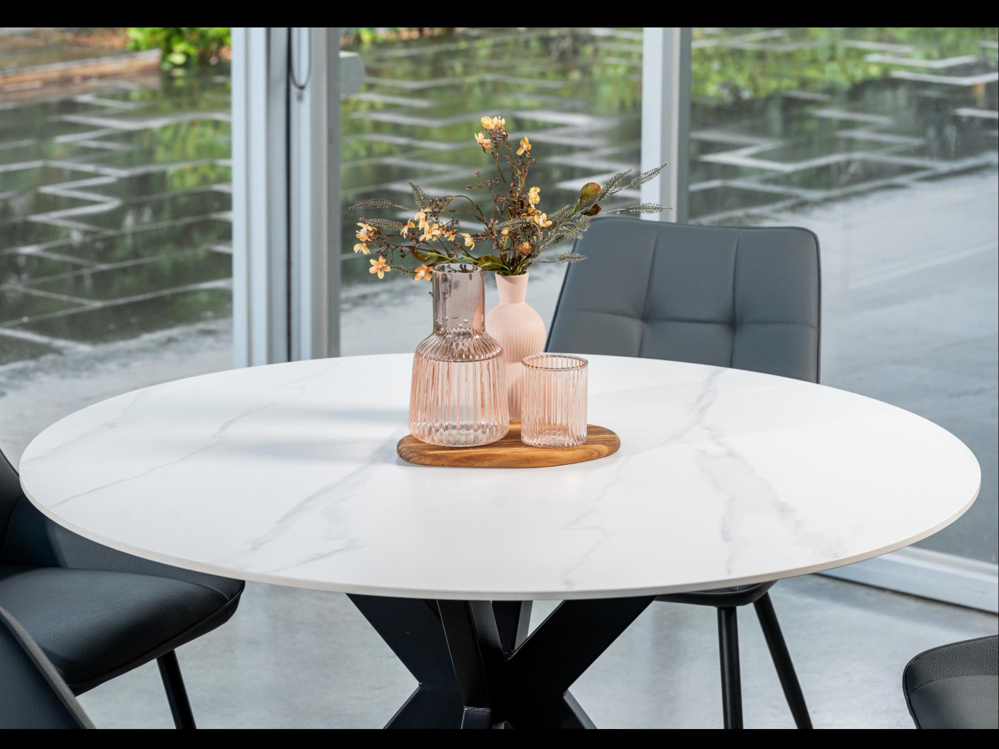 Venice Round Dining Table – Snow White Marble Effect | Black Frame