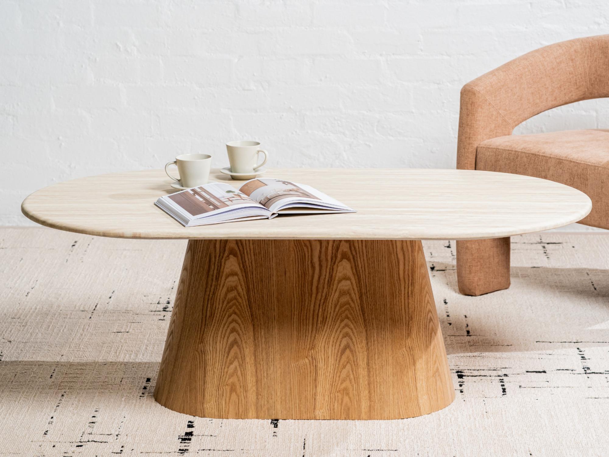 Waverley Coffee Table – White Travertine | Natural Ash Veneer | 130cm