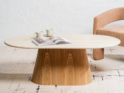 Waverley Coffee Table – White Travertine | Natural Ash Veneer | 130cm