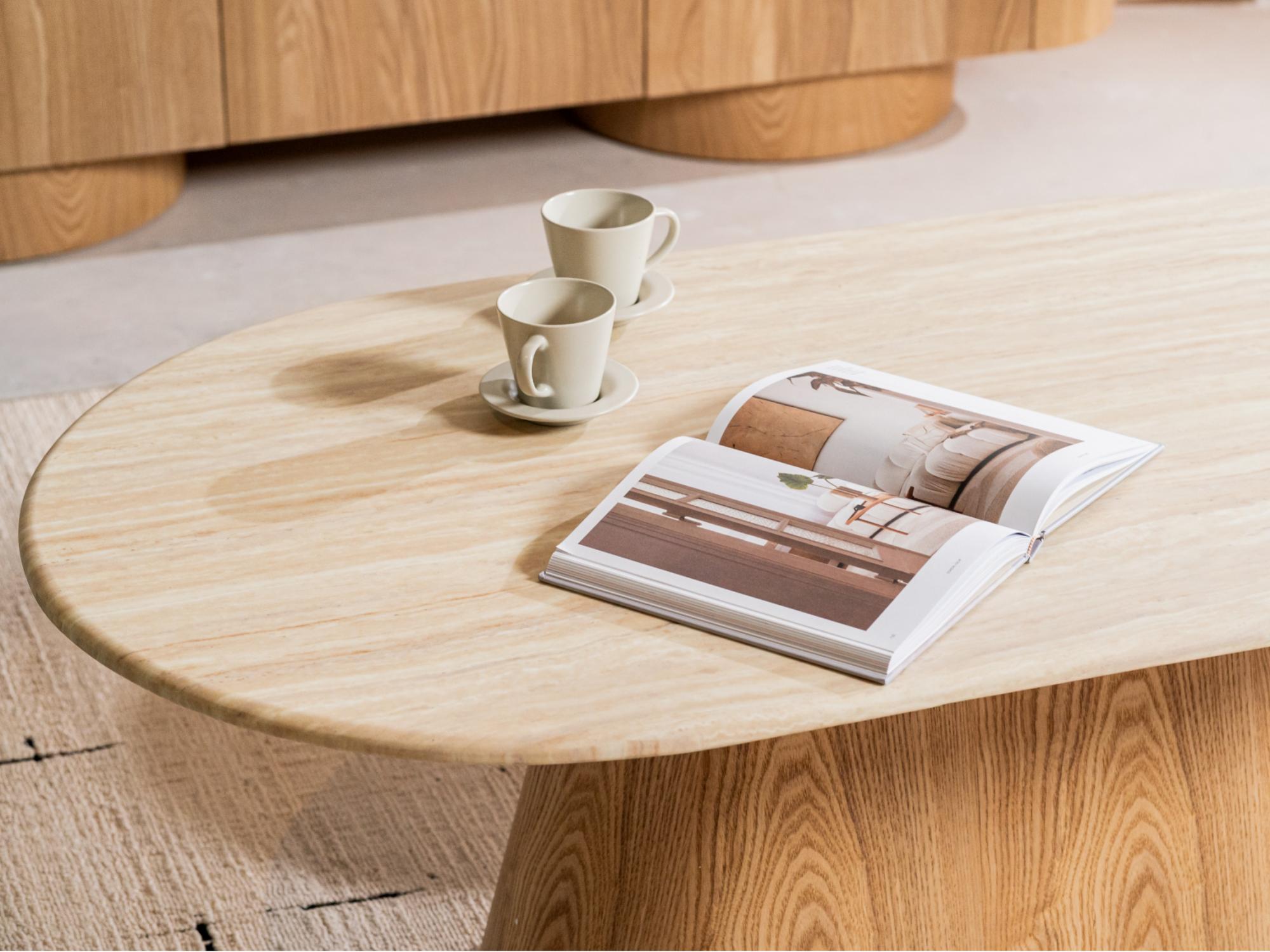 Waverley Coffee Table – White Travertine | Natural Ash Veneer | 130cm