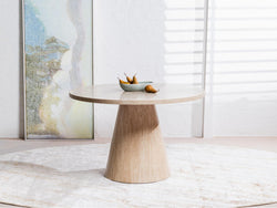 Tessa Round Dining Table – French Fawn Travertine Effect | Matching Base