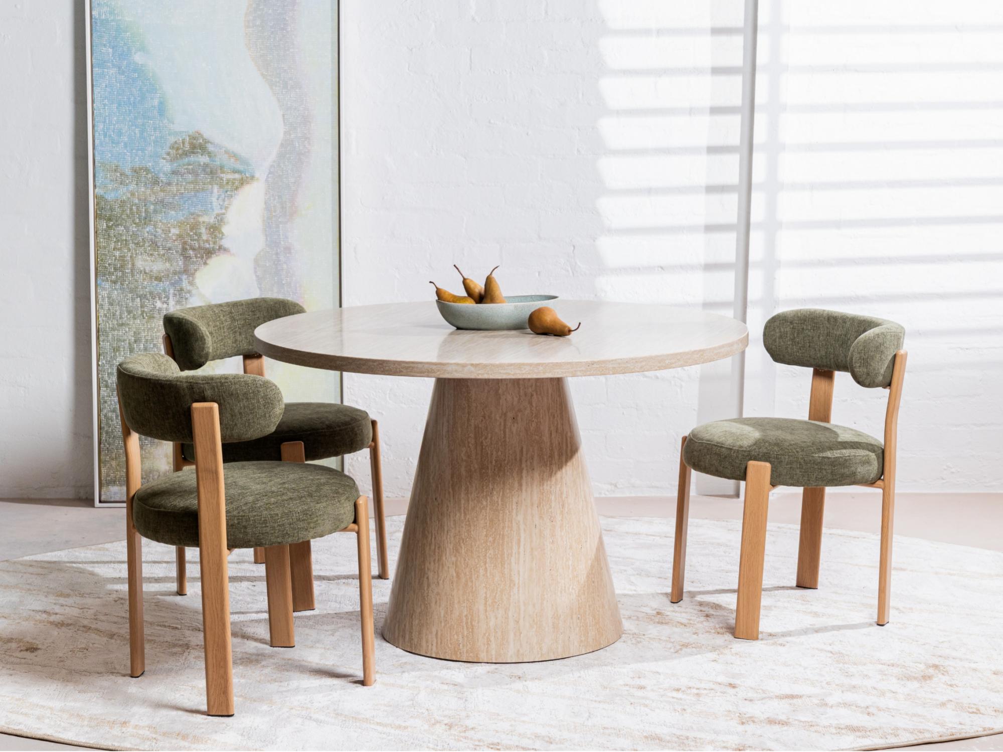 Tessa Round Dining Table – French Fawn Travertine Effect | Matching Base