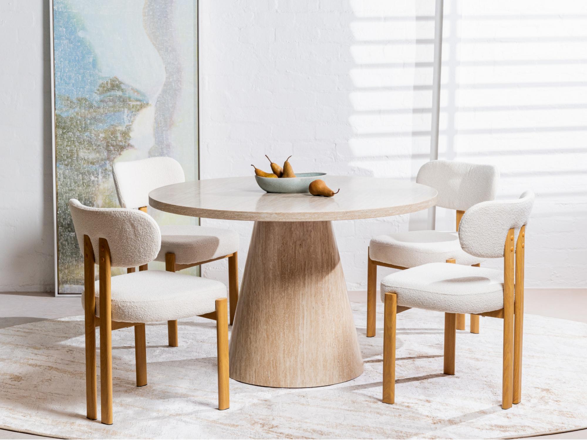 Tessa Round Dining Table – French Fawn Travertine Effect | Matching Base