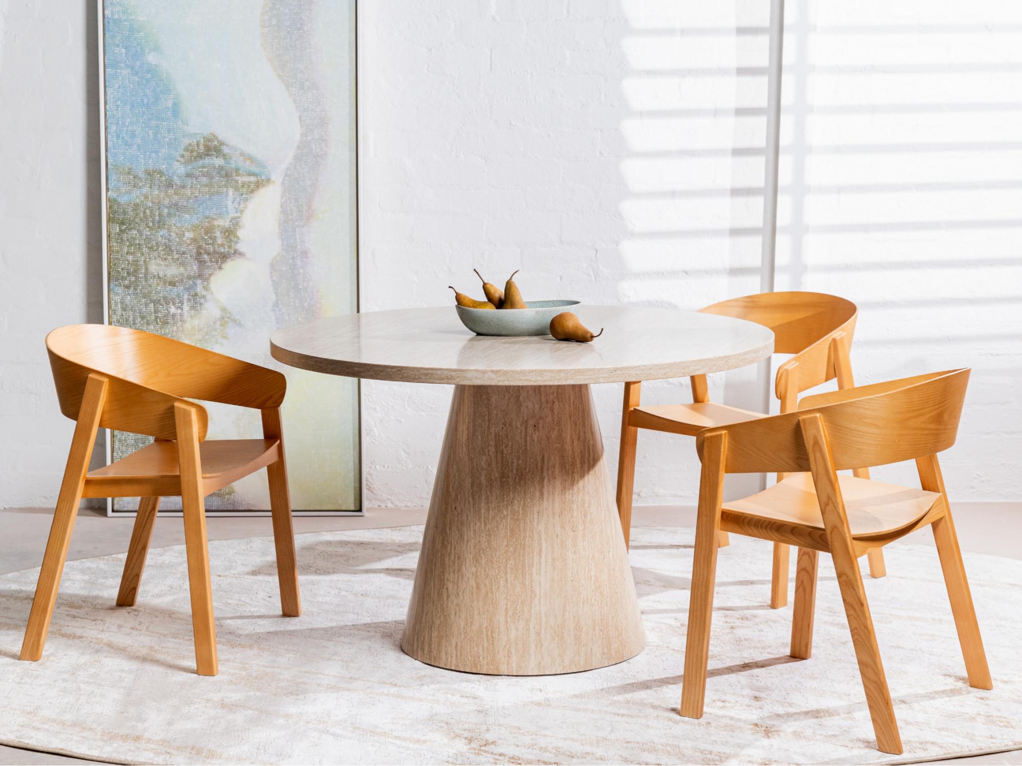 Tessa Round Dining Table – French Fawn Travertine Effect | Matching Base