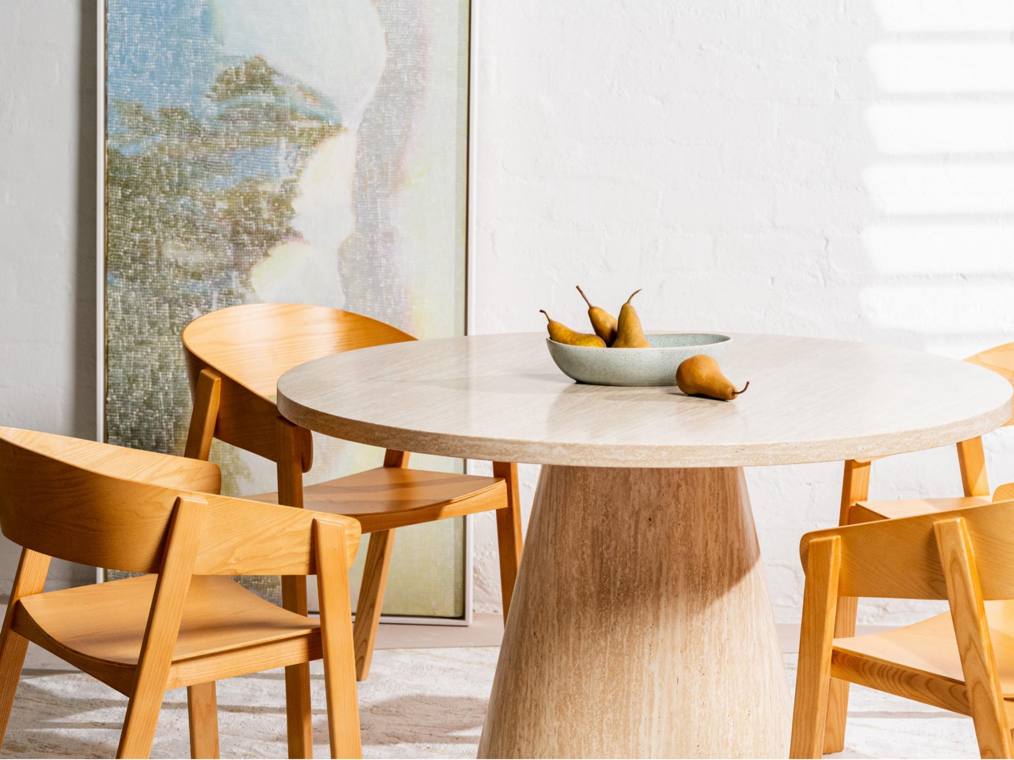 Tessa Round Dining Table – French Fawn Travertine Effect | Matching Base