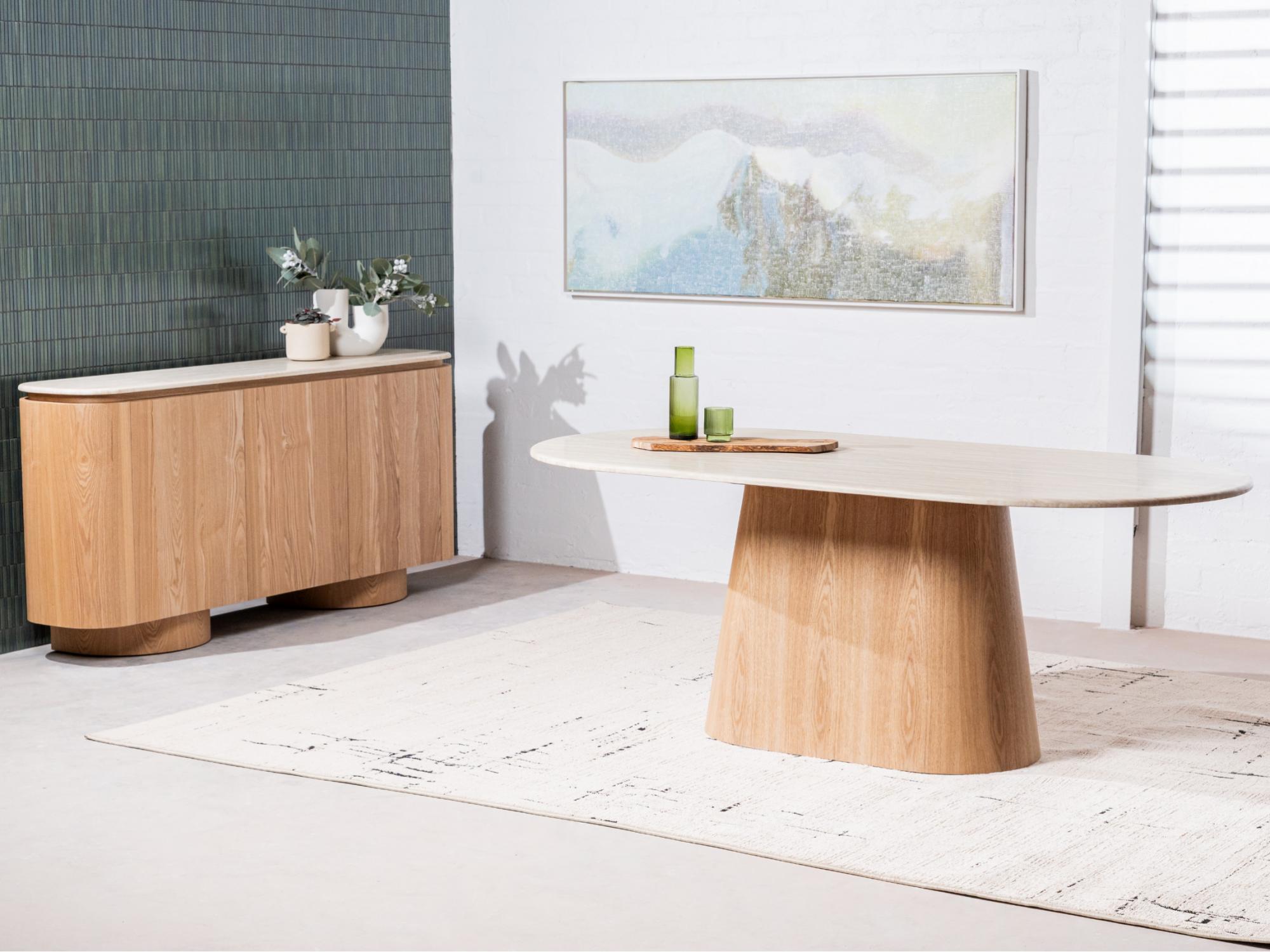 Waverley Dining Table – White Travertine | Natural Ash Veneer Base | 240cm