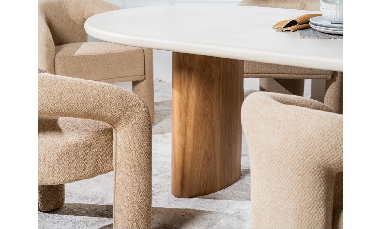 Eclipse Fixed Dining Table – Pebble | Micro-Cement Top & Natural Ash Veneer Base
