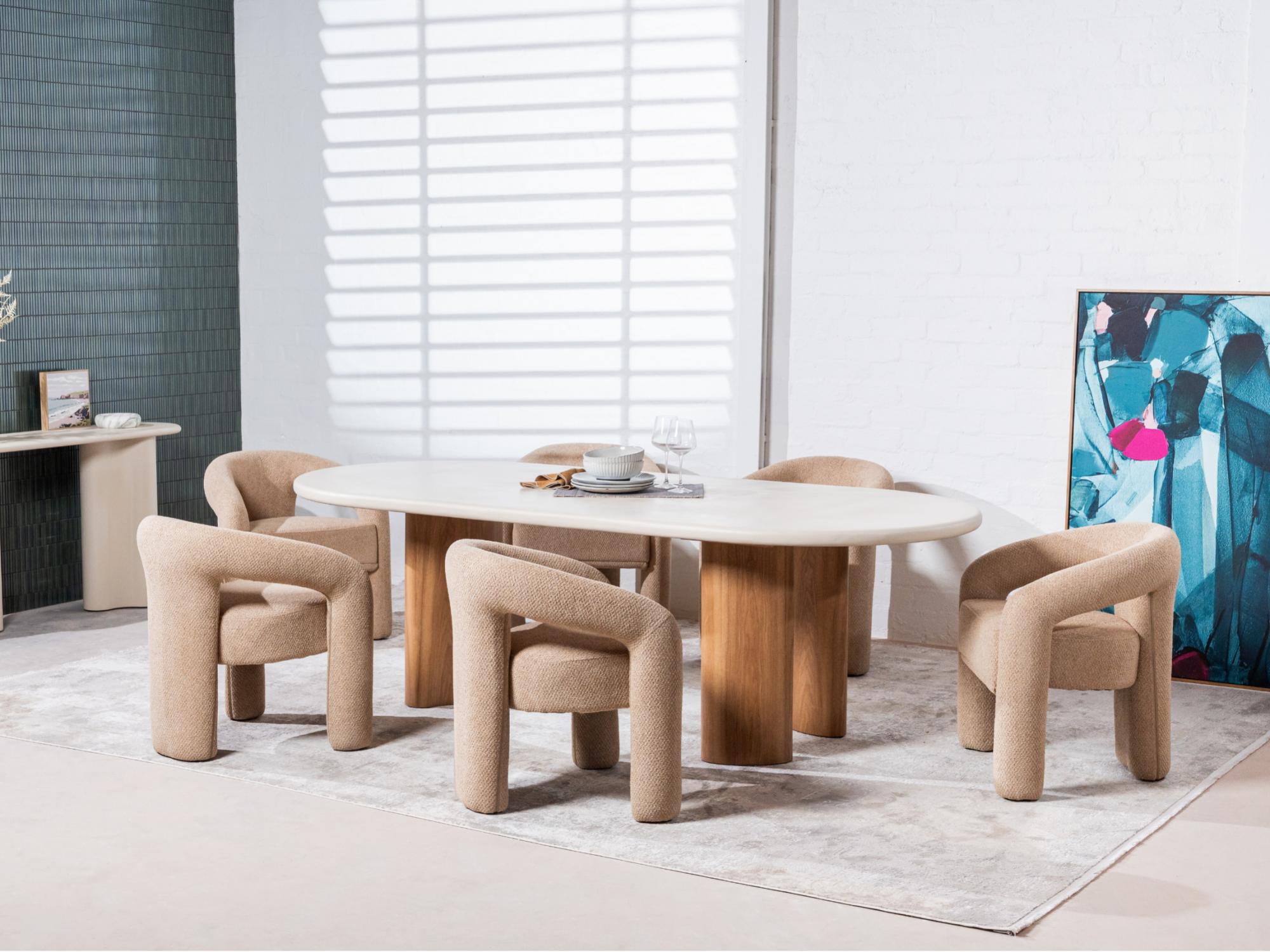 Eclipse Fixed Dining Table – Pebble | Micro-Cement Top & Natural Ash Veneer Base