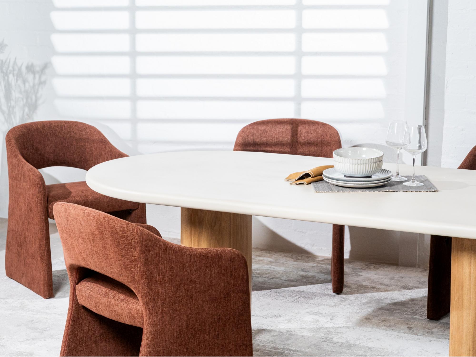 Eclipse Fixed Dining Table – Pebble | Micro-Cement Top & Natural Ash Veneer Base