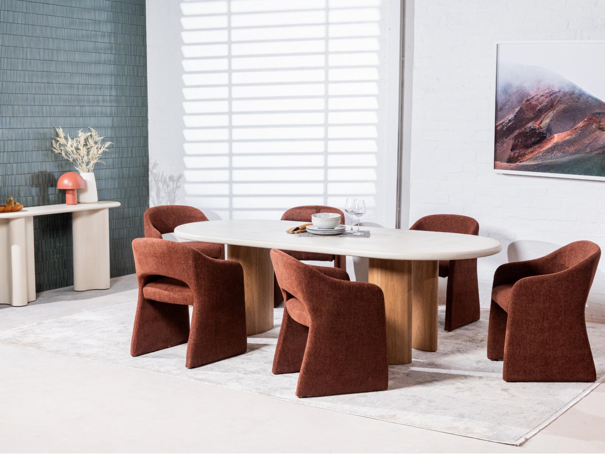 Eclipse Fixed Dining Table – Pebble | Micro-Cement Top & Natural Ash Veneer Base