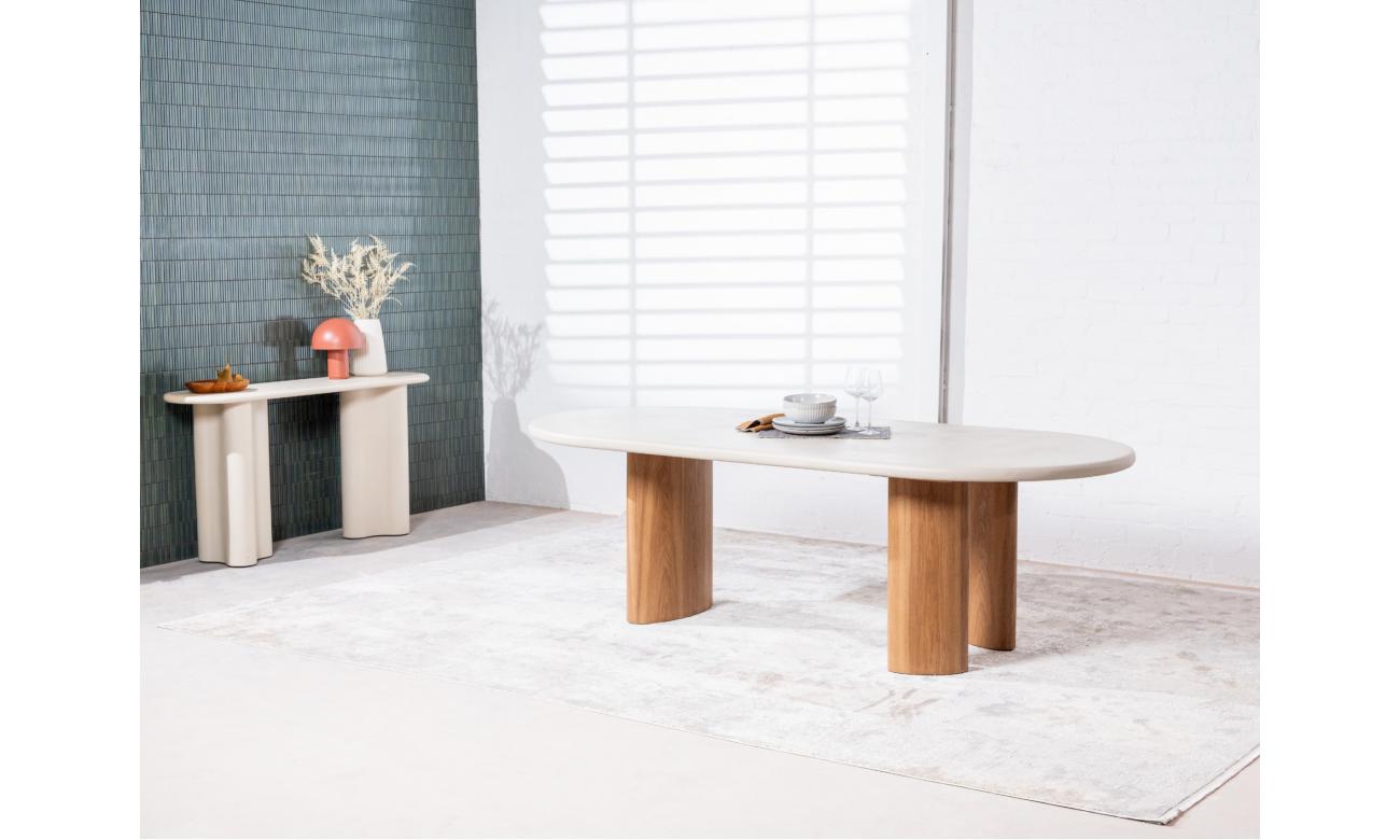 Eclipse Fixed Dining Table – Pebble | Micro-Cement Top & Natural Ash Veneer Base