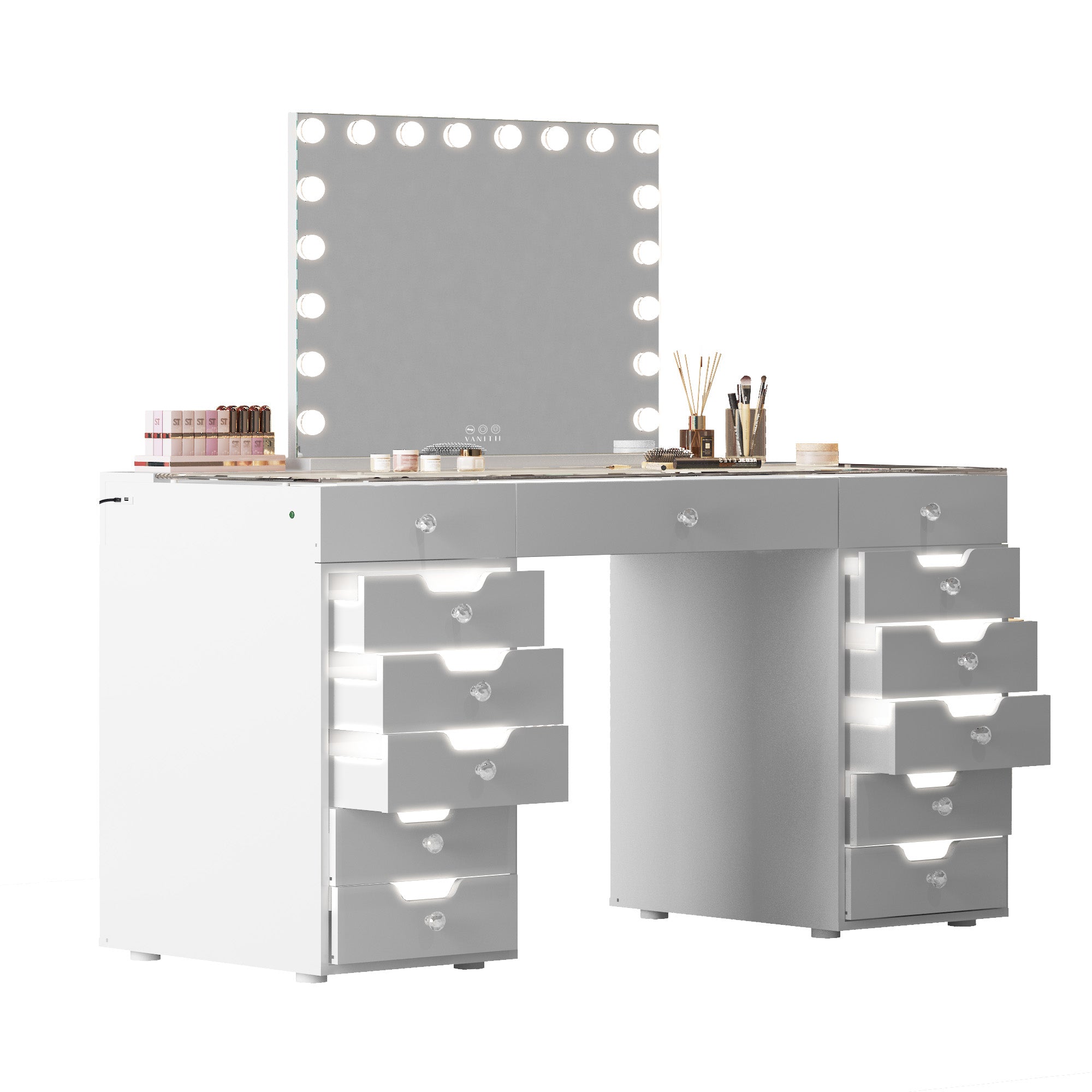 Eva Vanity Desk - 13 Storage Drawers with Full Light