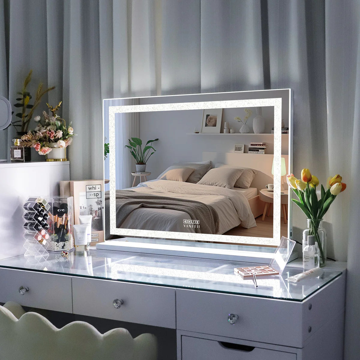 Crystal Vanity Mirror with Bluetooth-Hollywood led strip Music Mirror 80x 58cm