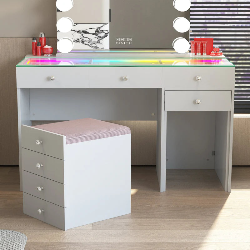 Diana 8 Drawers Vanity Desk Includes a Soft Hidden Stool With Storage Space