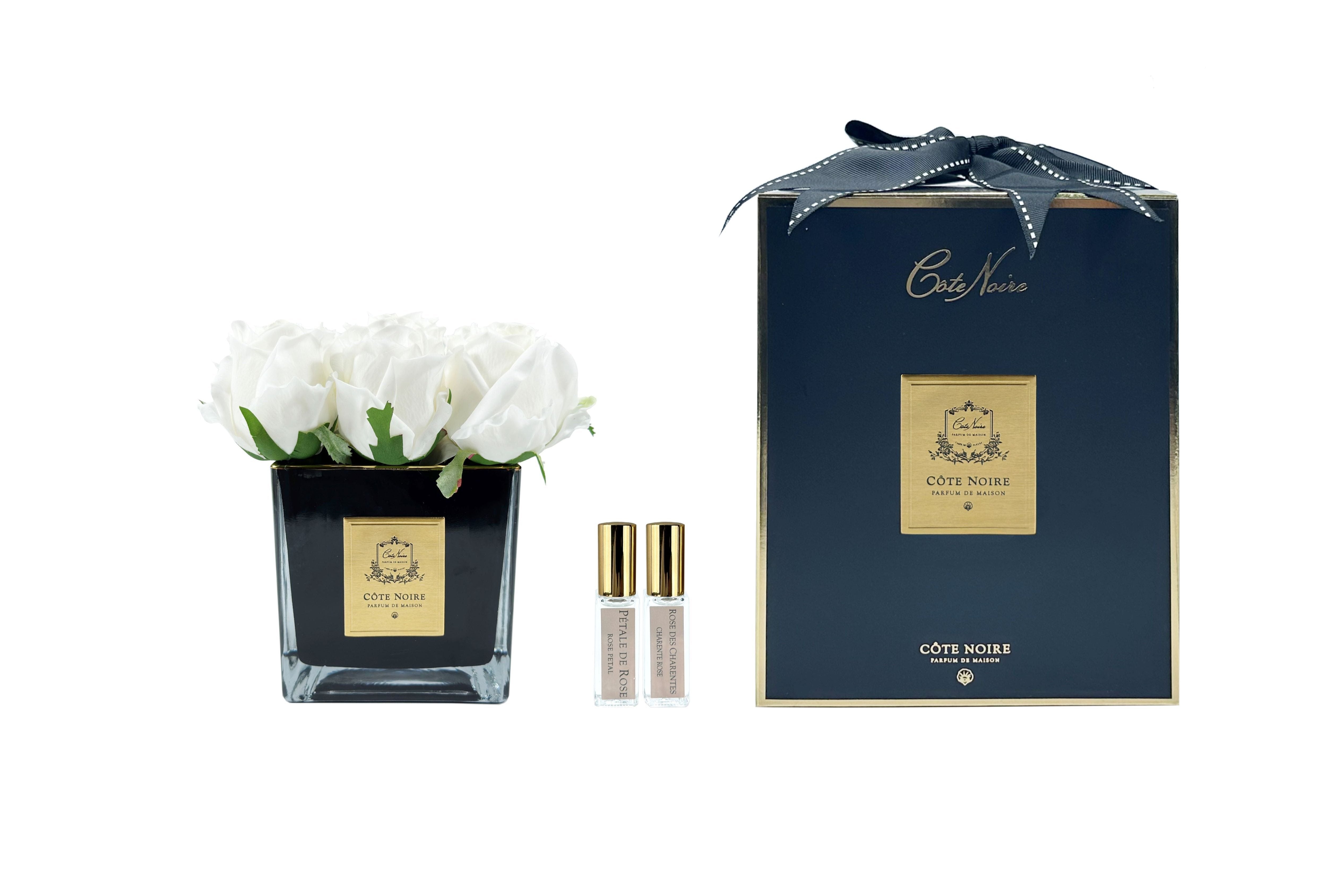 Cote Noire Couture 9 Rose Buds - Square Black Vase - Gold & White - SVB901