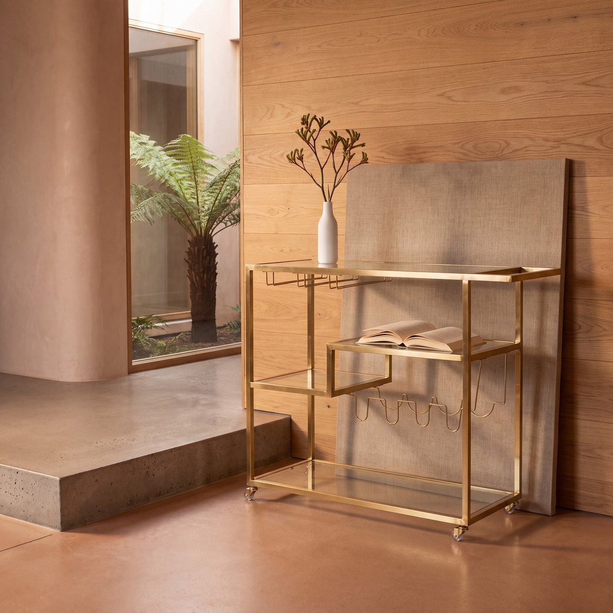 Henry Glass Bar Cart – Brushed Gold Base