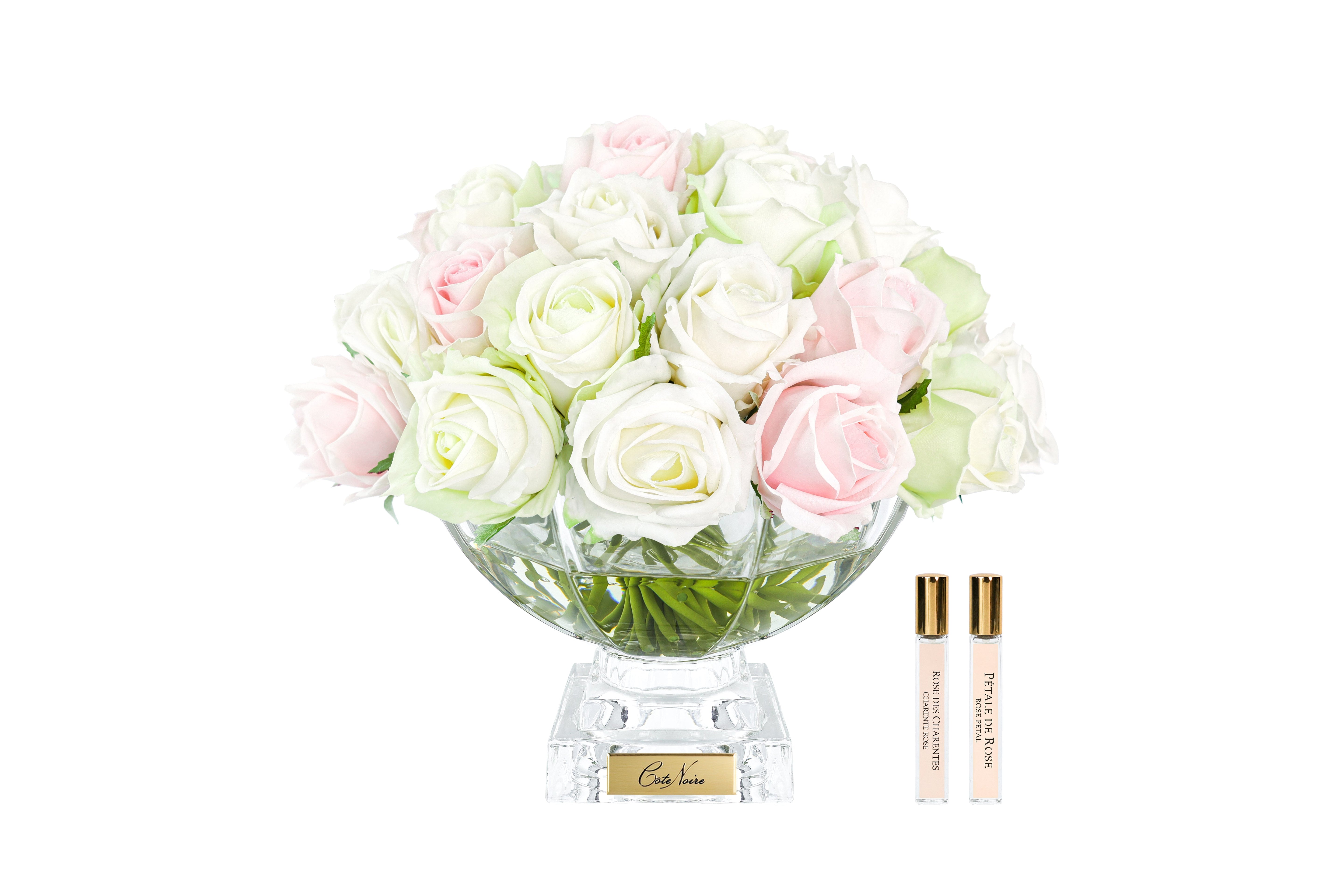 Cote Noire Luxury Centrepiece 37 Rose Bud Bouquet - Pink, Green & White - Gold Badge - CPRB13