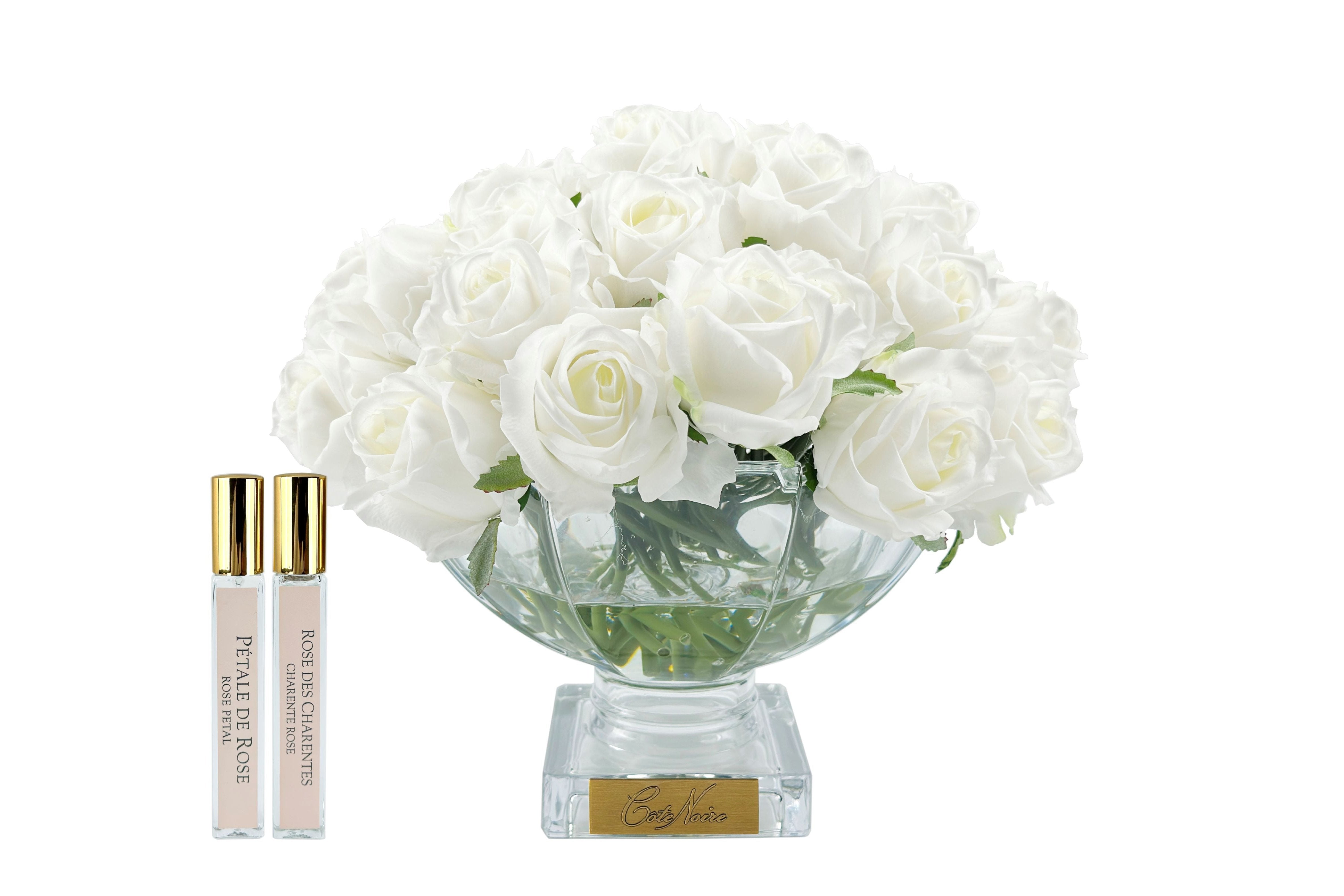 Cote Noire Luxury Centrepiece 37 Rose Bud Bouquet - White & Gold badge - CPRB11