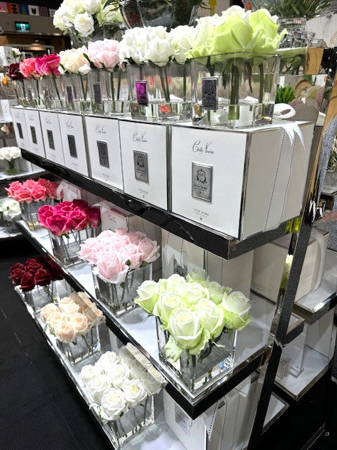 Cote Noire Couture 4 Rose Buds - Square Clear Vase - Silver & White - SVS401