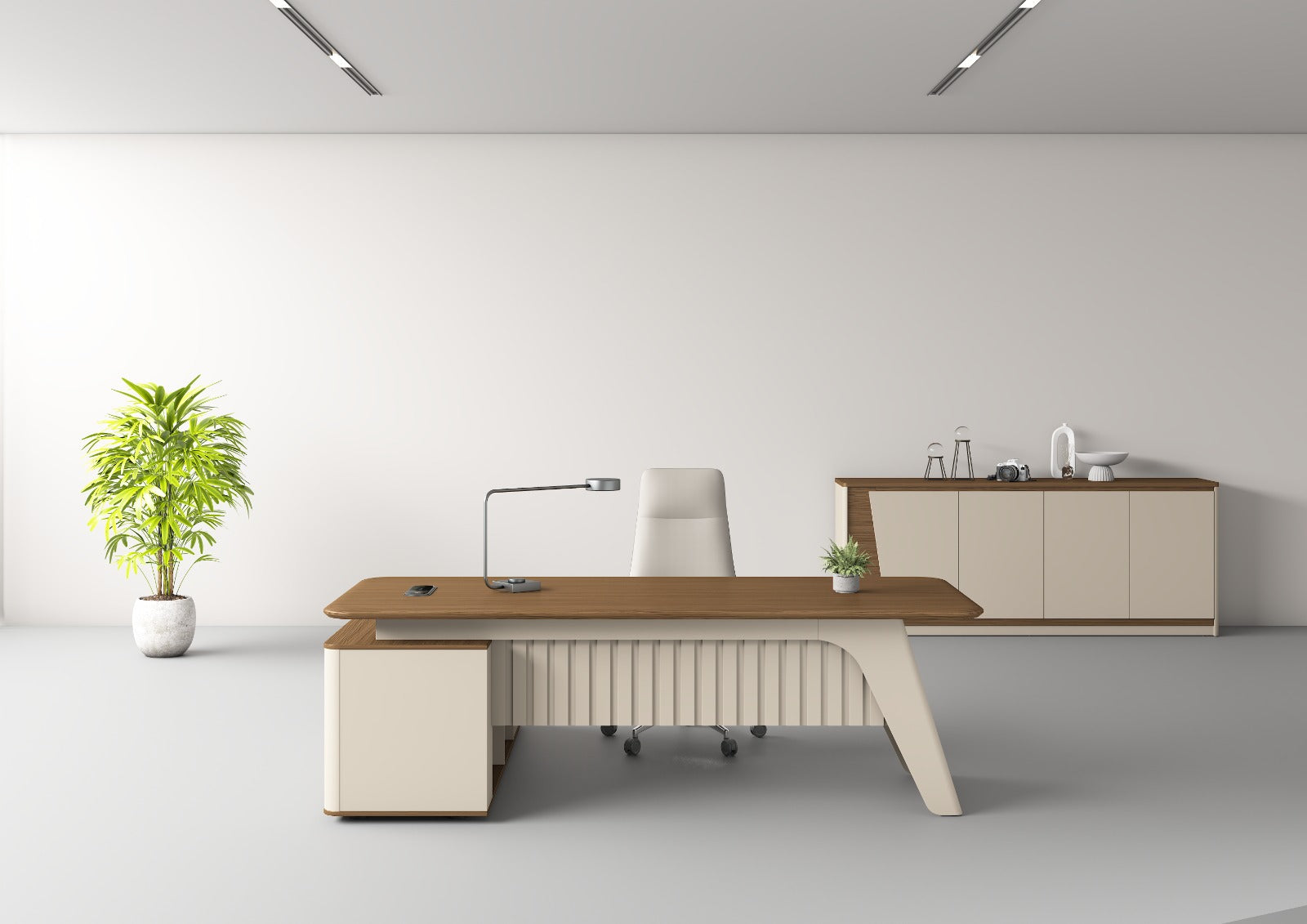 Flinders Executive Desk 2.0m – Walnut & Elegance Grey With LED Panel