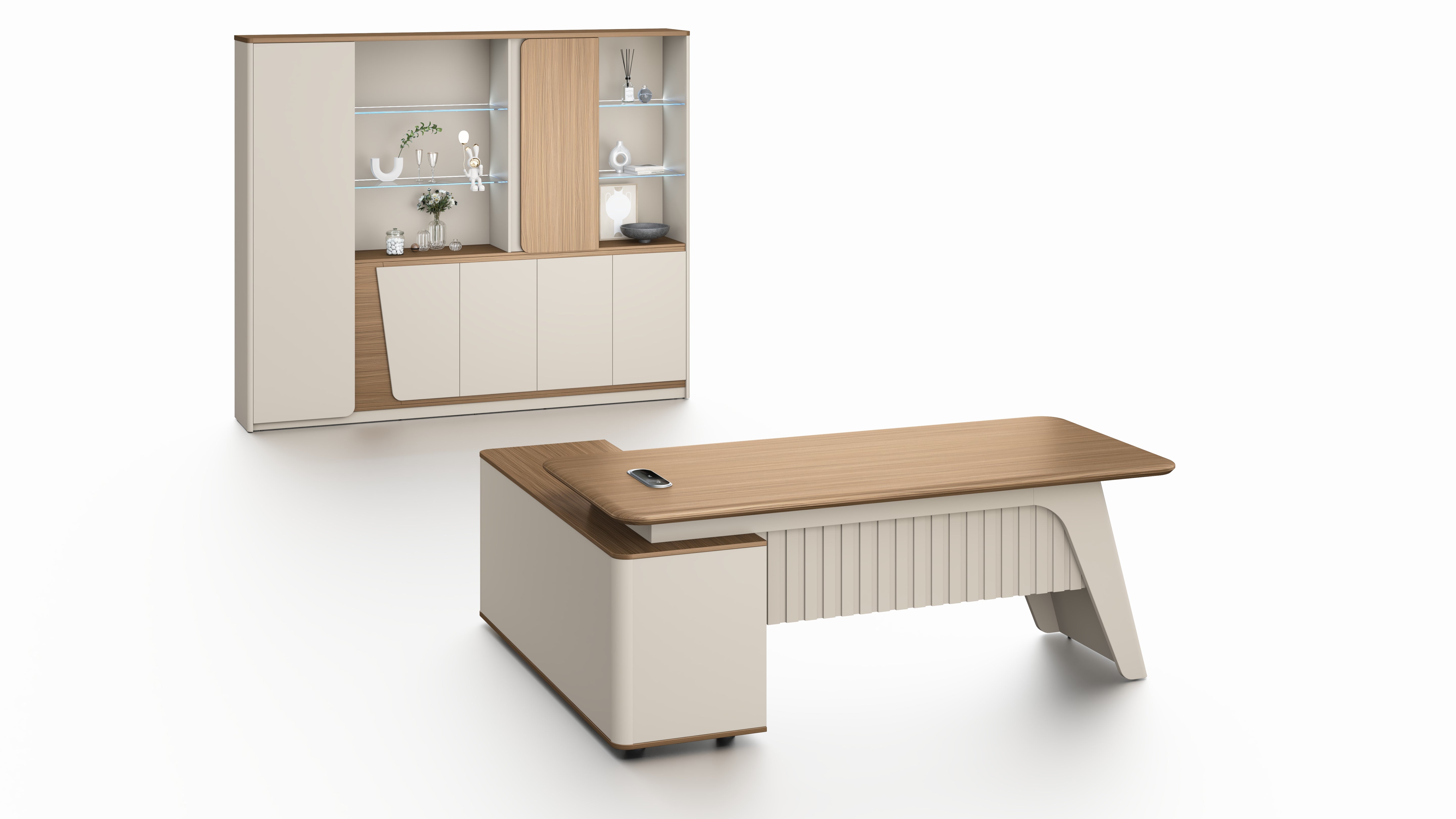 Flinders Executive Desk 2.0m – Walnut & Elegance Grey With LED Panel