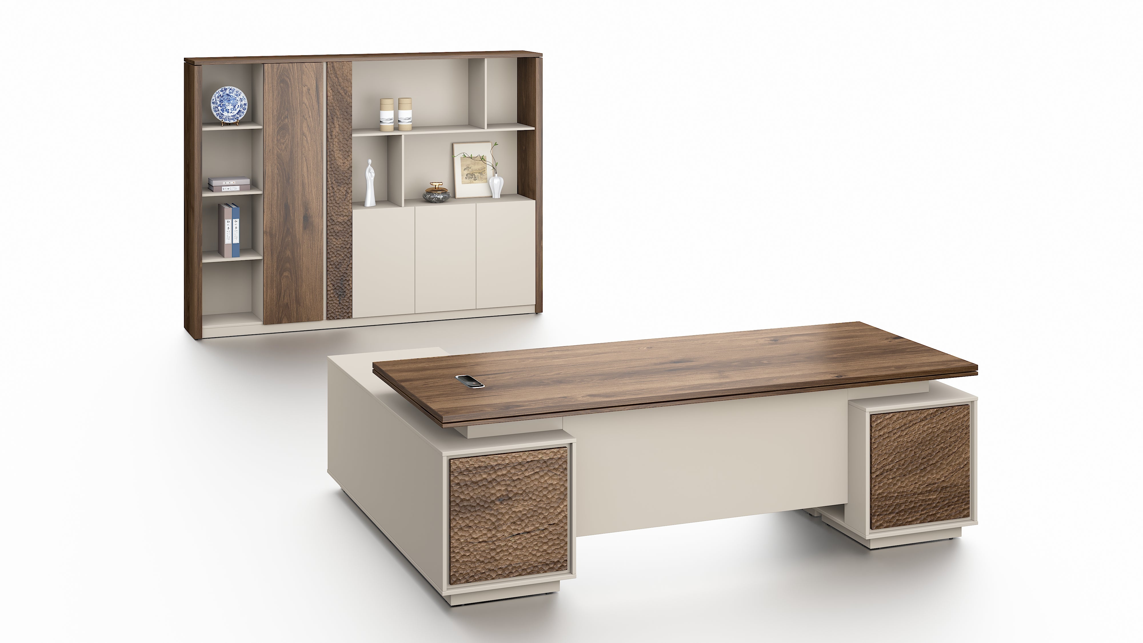 Empire Executive Desk 2.4m-Walnut & Beige Grey with LED Panel