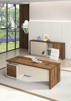 Empire Executive Desk 2.0m-Walnut & Beige Grey with LED Panel